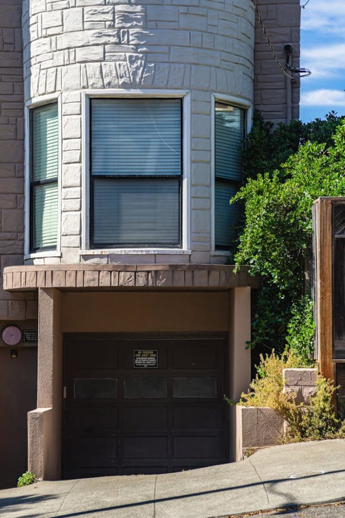 Contemporary urban house facade with a garage, showcasing clean architectural lines and natural elements.
